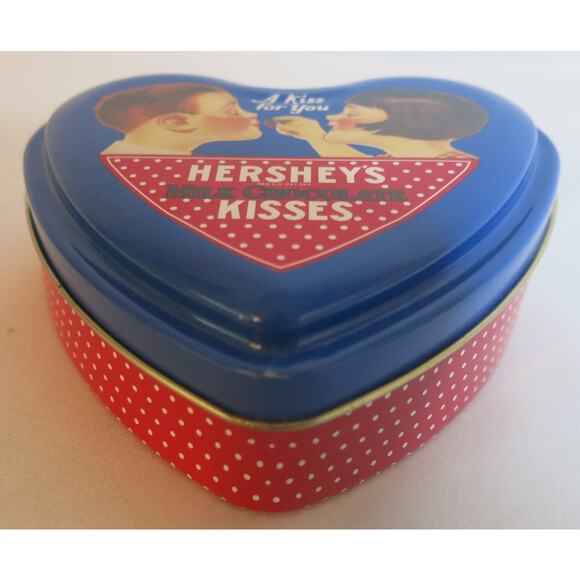 Hersheys Kisses Heart Tin Candy Vintage Retro "A Kiss for You" Red Blue Empty - Picture 2 of 9